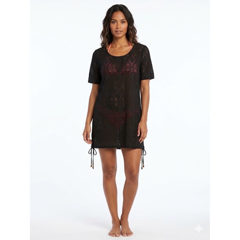 Denim & Co Beach Womens Black Crochet Eyelet Swim Cover Up Dress Size S Small